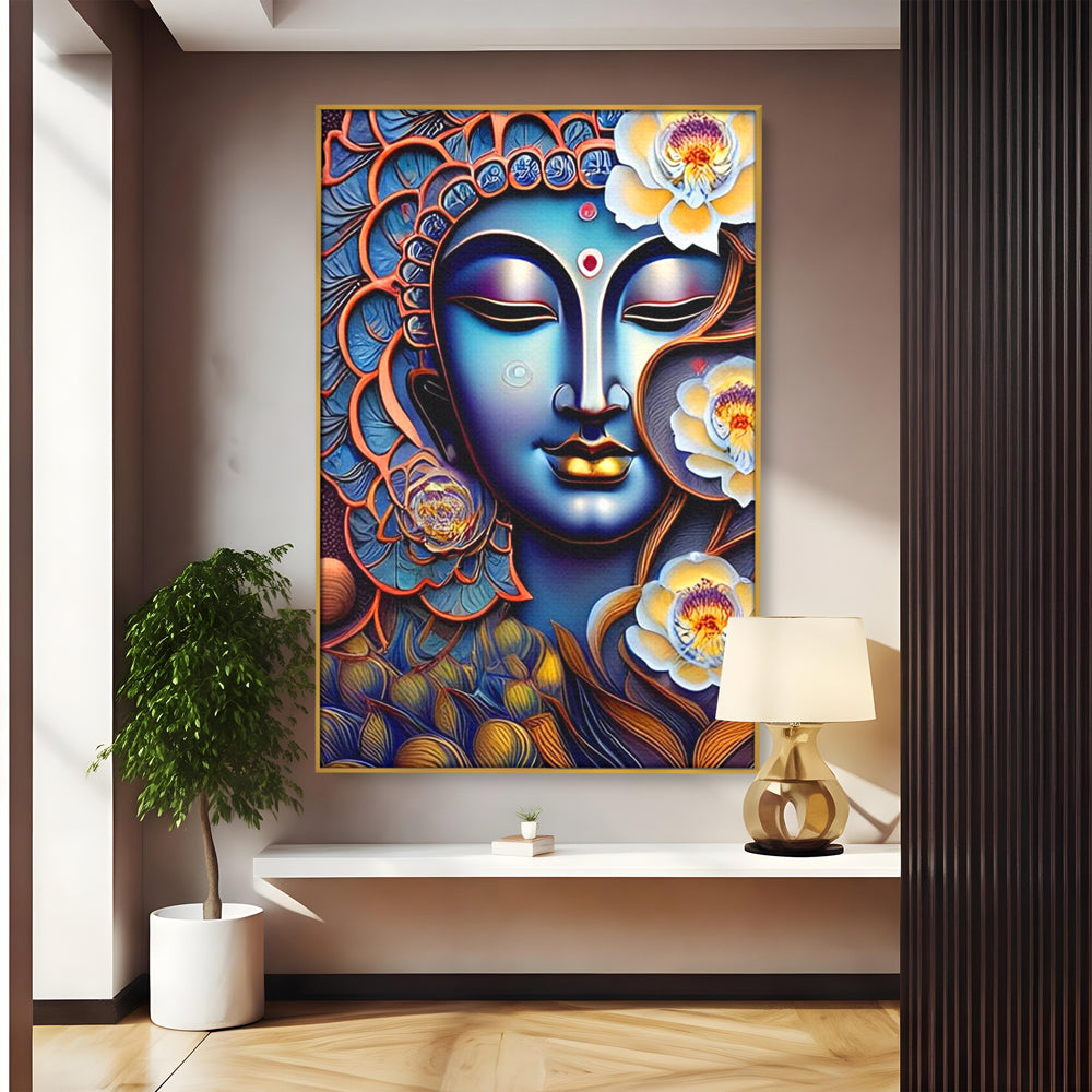 Tablou canvas cu tablou canvas cu portretul lui buddha, in rama de aluminiu auriu